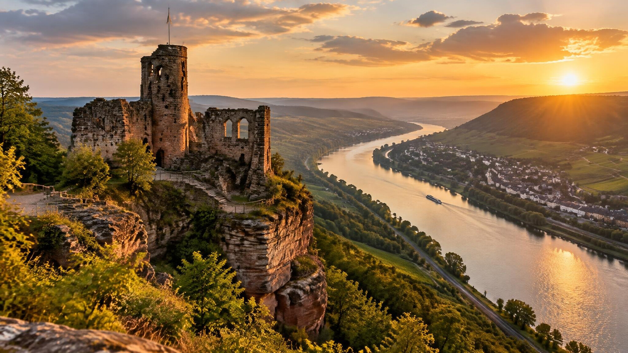 Schlossruine auf einem bewaldeten Hügel über einem Fluss