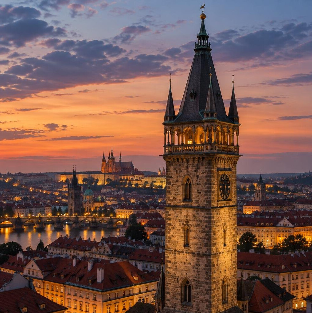Historischer Fernsehturm über der Stadtsilhouette