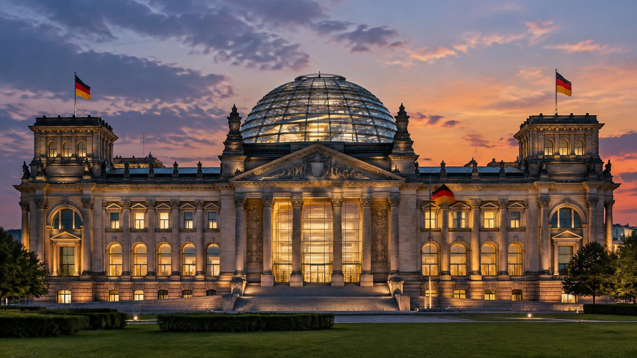 Parlamentsgebäude mit gläserner Kuppel bei Abendlicht