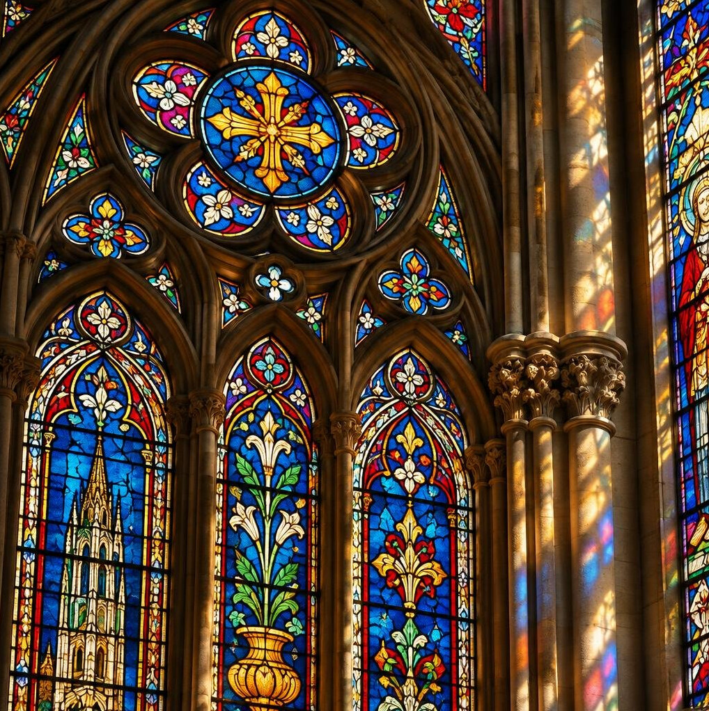 Buntglasfenster in einer historischen Kathedrale