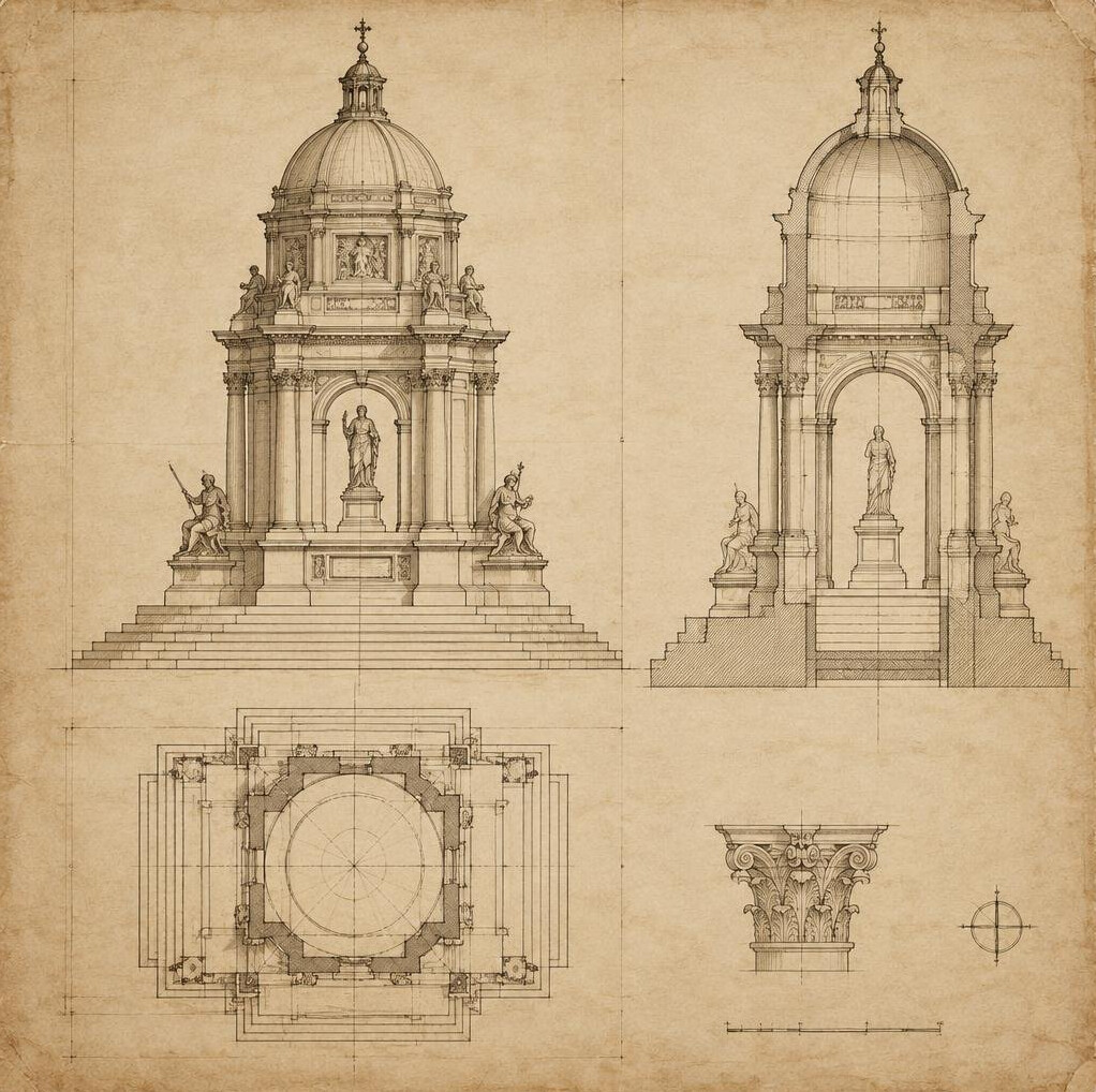 Historische Architekturzeichnung auf vergilbtem Papier