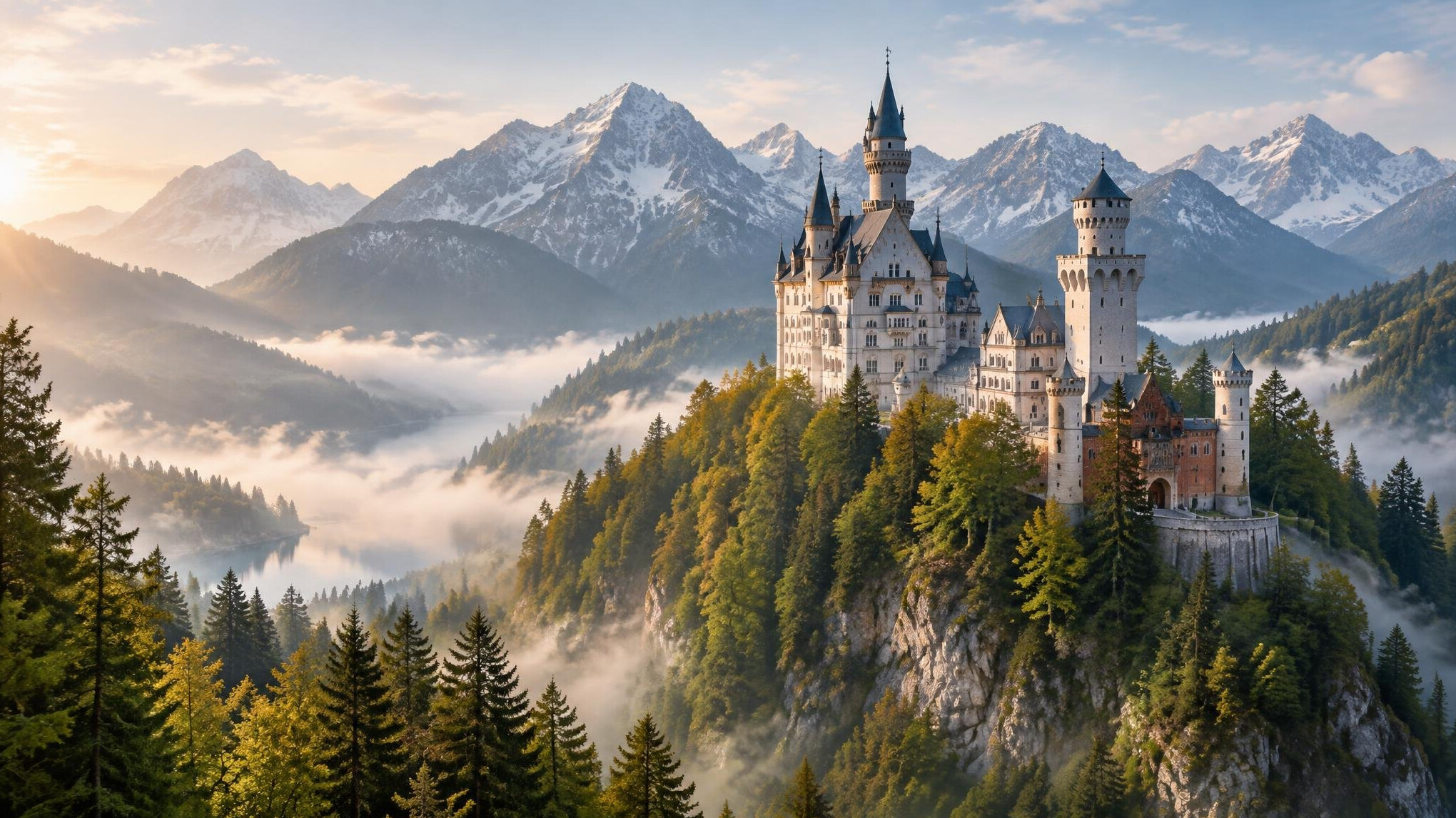 Märchenschloss mit Türmen in den bayerischen Alpen
