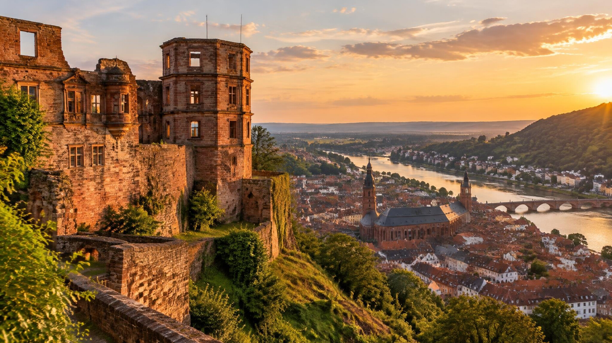 Rote Sandstein-Schlossruine über einer historischen Altstadt